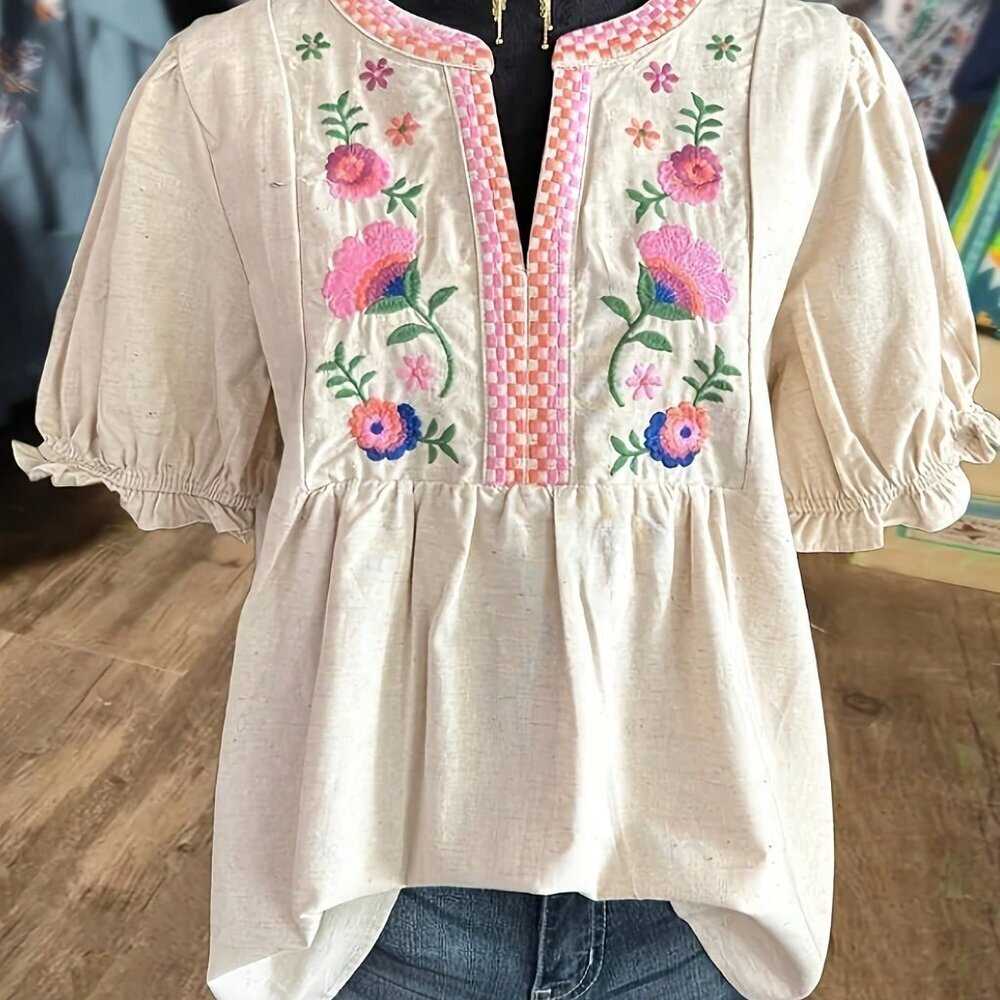 Beige Boho Women's Floral Embroidered V-Neck Cuff Short Sleeve Top - Picture 3 of 4